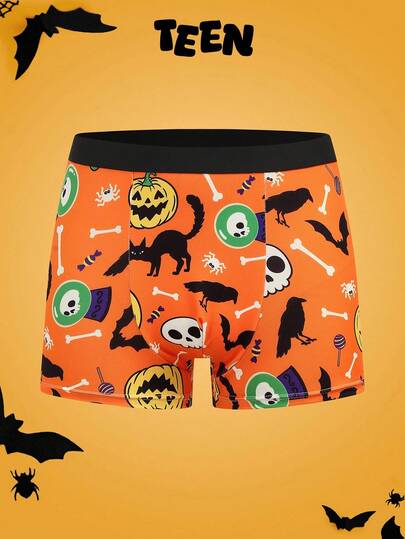 Happy Jammies Teenager Boys Halloween Boxer Shorts,Pumpkin Ghost Face Spider Web Bat Kitty Cat Print,Orange Playful Cute Fun Underwear For Family Gathering Party