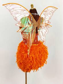 Amplova 大码女式万圣节精灵角色扮演亮片羽毛装饰连衣裙 - 橘色 - 查看 12