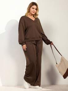 Momelise Setelan Sweatshirt dan Celana Kasual Warna Polos untuk Wanita Ukuran Besar, Musim Gugur/Musim Dingin - Coklat - View 5