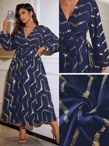Cravure Vestido largo con cuello en V cruzado, cintura recogida, mangas farol, estampado aleatorio con lámina, cintura con lazo para mujer - Azul Marino - Ver 1