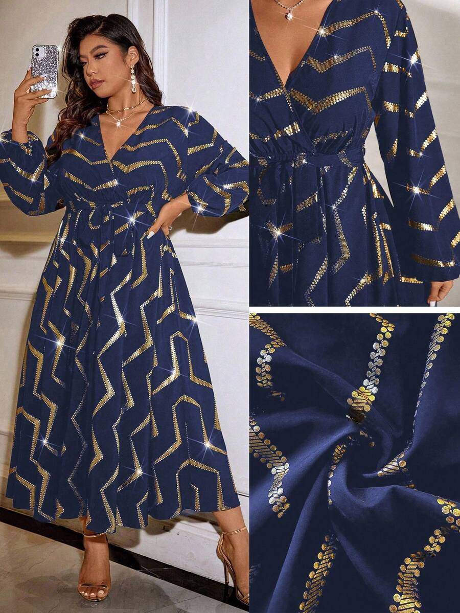 Cravure Vestido largo con cuello en V cruzado, cintura recogida, mangas farol, estampado aleatorio con lámina, cintura con lazo para mujer - Azul Marino - Ver 1