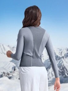 In My Nature 女士拼色圆领插肩袖修身户外T恤 - 灰色 - 查看 2