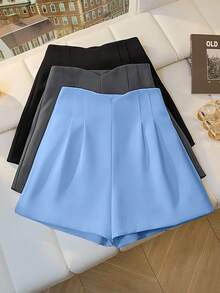 INAWLY 优雅高腰拉链阔腿短裤，休闲时尚百褶女短裤 - 霧霾藍 - 查看 3
