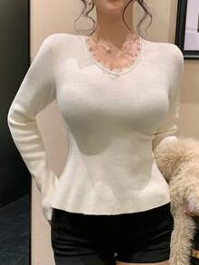 DAZY Women's Elegant Commuter Solid Color Lace Trim Waist Sweater Fall - White - View 1