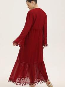 Revavyn 时尚扎染流苏珍珠纽扣V领长袖连衣裙 - 酒紅色 - 查看 6