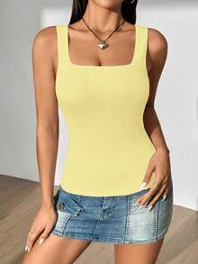 Fiercella Fiercella Women's Solid Color Square Neck Pleated Cropped Fitted Casual Tank Top - Yellow - View 4
