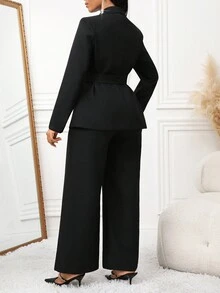 SHEIN Lady 女士优雅通勤纯色夹克和裤子两件套 - 黑色 - 查看 2