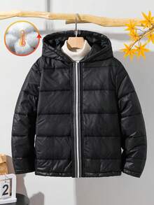 SHEIN Kids/Tween Boys' Casual Versatile Sports Black & White Ribbon Patchwork Thick Hooded Zip-Up Long Sleeve Winter Coat, Parka Coat Suitable For Commuting, School, Casual, Travel, Sports, Autumn/Winter, Teen Boys Winter Jacket, Boys Black Puffer Jacket Fall - Black - View 8