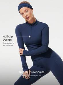 GLOWMODE Slim Fit warmer Taillenlanger 1/4 Reißverschluss Strick Langarm-Oberteil mit Daumenöffnungen für Laufen, Joggen, Wandern, Fitness, Training und tägliche Aktivitäten, feuchtigkeitsableitend - Dark Blue - Übersicht 3