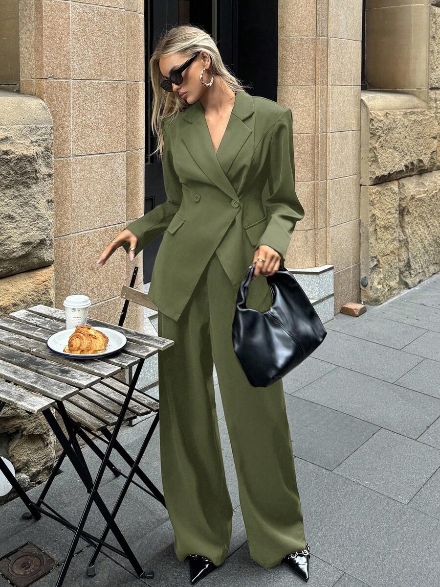 Aloruh Bộ vest blazer và quần âu cơ bản dành cho nữ, mặc đi làm và mặc hàng ngày, mùa thu - Màu xanh Ô liu - Xem 1
