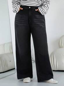 SHEIN PETITE CURVE Jeans de tela térmica para mujer de talla grande, de ajuste holgado con bolsillos, pernera ancha, de estilo casual, color negro, de corte relajado y talla grande para mujer, pantalones vaqueros cómodos - Negro - Ver 3