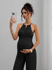 Momance 孕妇木珠吊带蝴蝶结连体裤 - 黑色 - 查看 5