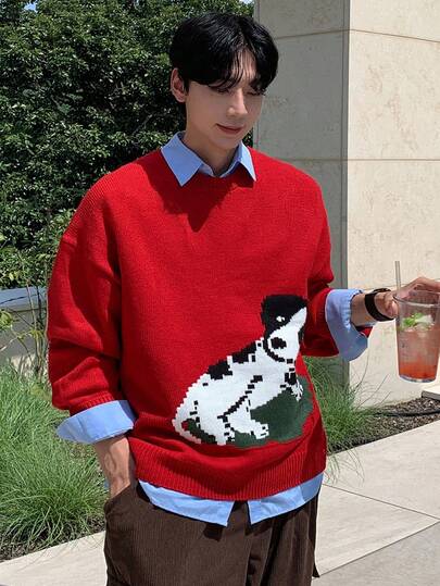 DAZY 圣诞浆果红狗图案提花设计男士毛衣，秋冬