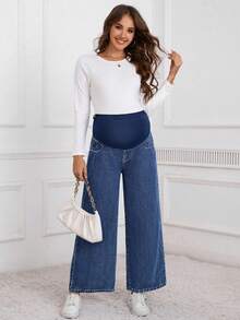 SHEIN Maternity Winter High Waist Wide Leg Loose Casual Versatile Jeans - Medium Wash - View 6