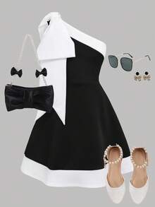 Pitira 少女黑白撞色露肩大蝴蝶结装饰派对礼服，伴娘礼服，优雅正式晚宴婚礼宾客礼服，适合毕业典礼、晚宴、春节、圣诞节、万圣节、秋冬季单肩连衣裙，女童黑白吊带派对礼服 - 黑與白 - 查看 3