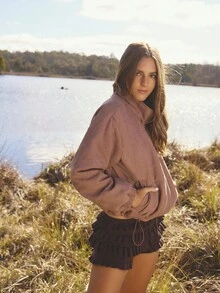 Aralina Fall Winter Cord Gold Zip Through Padded Winter Jacket With Elastic Toggle On The Inner Elastic - Brown - View 11