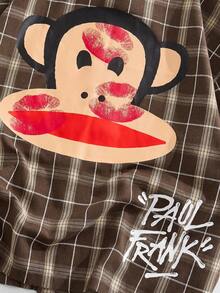 ROMWE MEN Paul Frank X ROMWE 男士休闲宽松字母、卡通和格子印花落肩衬衫，夏季时尚街头风格 - 棕色 - 查看 4