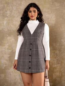 SHEIN PETITE CURVE Plus Size V-Neck Plaid Sleeveless Dress, Artistic Houndstooth Tank Dress, Autumn/Winter Vest Dress Vest And Skirt Set Tweed Dresses For Women Wednesday Addams Tweed Blazer Skirt Set Blazer Dress For Women Autumn Plus Size