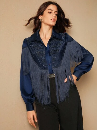 Anewsta Women's Casual Loose Blouse With Fringe And Beaded Embroidery, Versatile For Commuting, Autumn, Fall, Winter, Going Out, Elegant, Formal, Party, Chic, New Year, Christmas, Work, Graduation, Wedding