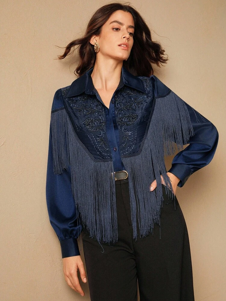 Women's Casual Loose Blouse With Fringe And Beaded Embroidery, Versatile For Commuting, Autumn, Fall, Winter, Going Out, Elegant, Formal, Party, Chic, New Year, Christmas, Work, Graduation, Wedding