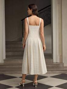 ZEYLAH 女式方领无袖优雅珍珠串珠腰喇叭裙 - 杏色 - 查看 3