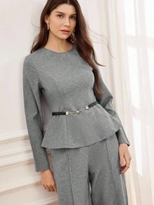 Miaspire 女士优雅两件套，秋冬收腰衬衫和长裤，适合优雅场合的精致服装 - 灰色 - 查看 4