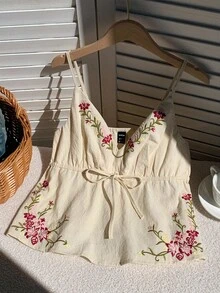 SHEIN EZwear Đai lưng thêu hoa giản dị cho kỳ nghỉ - Màu be - Xem 3