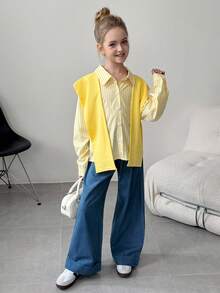 3件套：女童条纹长袖衬衫（带可拆卸披肩），搭配宽松休闲牛仔裤，适合休闲装，春夏季 - 黃色 - 查看 1
