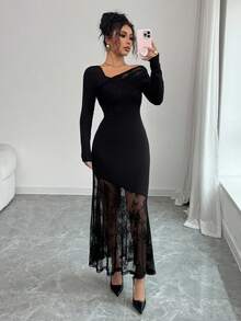 Modelyn Women's Elegant Lace Patchwork Midi Dress - Black - View 5