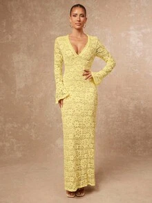 Lumalex Đầm dự tiệc mùa thu kiểu mới dành cho nữ, sang trọng, thanh lịch, kín đáo, phù hợp với giới thượng lưu, lấp lánh, thích hợp cho các buổi tiệc tùng, lễ hội, dã ngoại, nghỉ dưỡng, ngoài trời, nhiều lớp, mùa cưới, tiệc chiêu đãi, lễ trưởng thành, cổ chữ V, viền ren, tay xòe, ôm sát cơ thể cho nữ, kiểu dáng mới mùa thu, thích hợp cho khách dự đám cưới. - Màu vàng - Xem 6