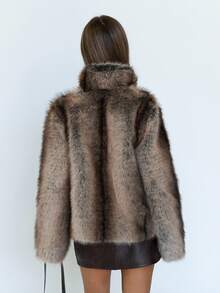 SHEIN ICON Women's Autumn And Winter Warm Sexy Fashion Avant-Garde Bold Young Ladies Modern Urban Street Vertical Stripe Print Stand Collar Loose Khaki Fake Fur Coat,Winter Clothes For Women - Khaki - View 2