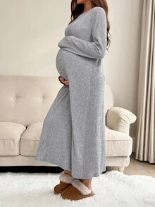 SHEIN Đầm thun trơn cổ tròn tay dài dáng rộng thoải mái cho bà bầu - Xám - Xem 4