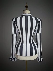 SHEIN ICON 女式万圣节夸张条纹泡泡袖哥特式上衣 - 黑與白 - 查看 2