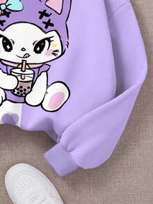 SHEIN Leap Crew Tween Girls Cute Bow, Cartoon Cat & Heart Pattern Pullover Sweatshirt, In Fall/Winter - Multicolor - View 5