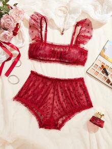 PetitDoll Bộ đồ lót ren tay bèo màu đỏ tía 2 món cho nữ - Màu Đỏ Sâu - Xem 1