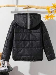 SHEIN Kids/Tween Boys' Casual Versatile Sports Black & White Ribbon Patchwork Thick Hooded Zip-Up Long Sleeve Winter Coat, Parka Coat Suitable For Commuting, School, Casual, Travel, Sports, Autumn/Winter, Teen Boys Winter Jacket, Boys Black Puffer Jacket Fall - Black - View 2