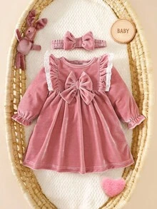 SHEIN Newborn Pink Velvet Dress With Bow Headband And Lace Trim, Sweet Princess Style Fall Winter - Pink - View 4