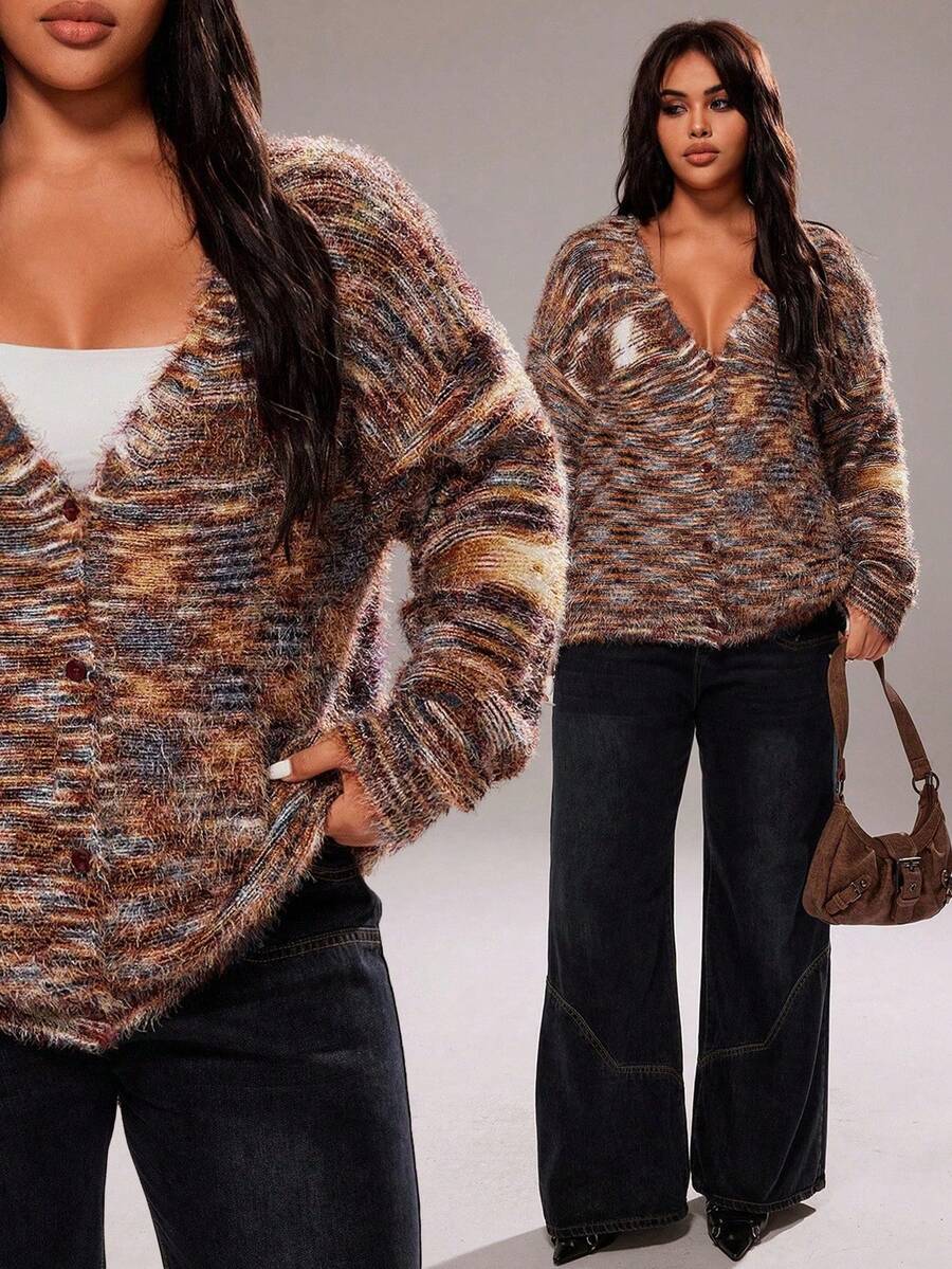 Rustia Plus Size Retro Streetwear Y2K Fashion Multi-Color Fuzzy Knit Cardigan Winter Fall Autumn - Multicolor - View 1