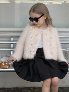 Young Girls Fluffy Cardigan Jacket With Pearl Decor, Suitable For Casual, Fashionable And Elegant Daily Wear Fall Winter Fur Jacket Kids