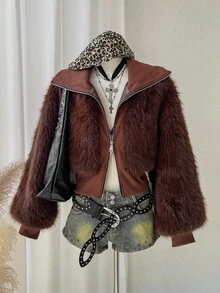 Comfortcana Knitted Patchwork Zipper Faux Fur Jacket, Autumn/Winter - Coffee Brown - View 1