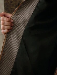 Revavyn 复古格子领拼布撞色高端时尚优雅百搭通勤设计夹克 - 咖啡棕 - 查看 9