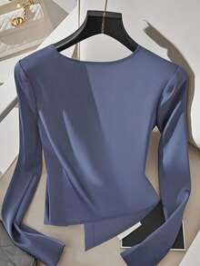 Franclia 女士不对称领长袖优雅性感衬衫，亮蓝色女士衬衫 - 奢华闪亮面料，圆领基础款上衣，易于搭配牛仔裤/裙子，适合秋季、乡村、商务休闲、外出等各种场合。 - 藍色 - 查看 2