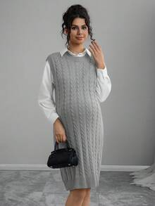 SHEIN Maternity Round Neck Cable Pattern Casual Sleeveless Knit Dress, Autumn - Grey - View 5