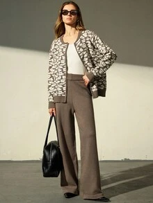 GENKIRA Leopard Print Jacquard Zip-Up Jacket And Wide Leg Floor Length Pants 2 Pieces Set - Multicolor - View 6