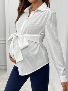 SHEIN 孕妇休闲纯色系腰衬衫 - 白色 - 查看 3