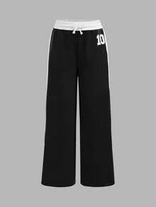 SHEIN Tween Girls Colorblock Numeric Print Loose Casual Pants, Versatile For Daily Wear And Outings - Black - View 5