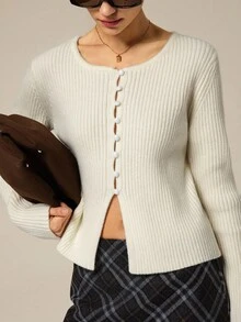 Hanevo 女士修身休闲开衫，秋冬 - 杏色 - 查看 4