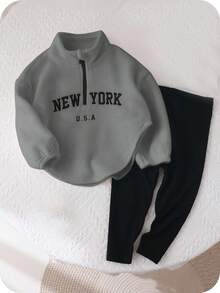 SHEIN 少女可爱字母印花立领蓬松上衣&松紧腰长裤套装 - 灰色 - 查看 1