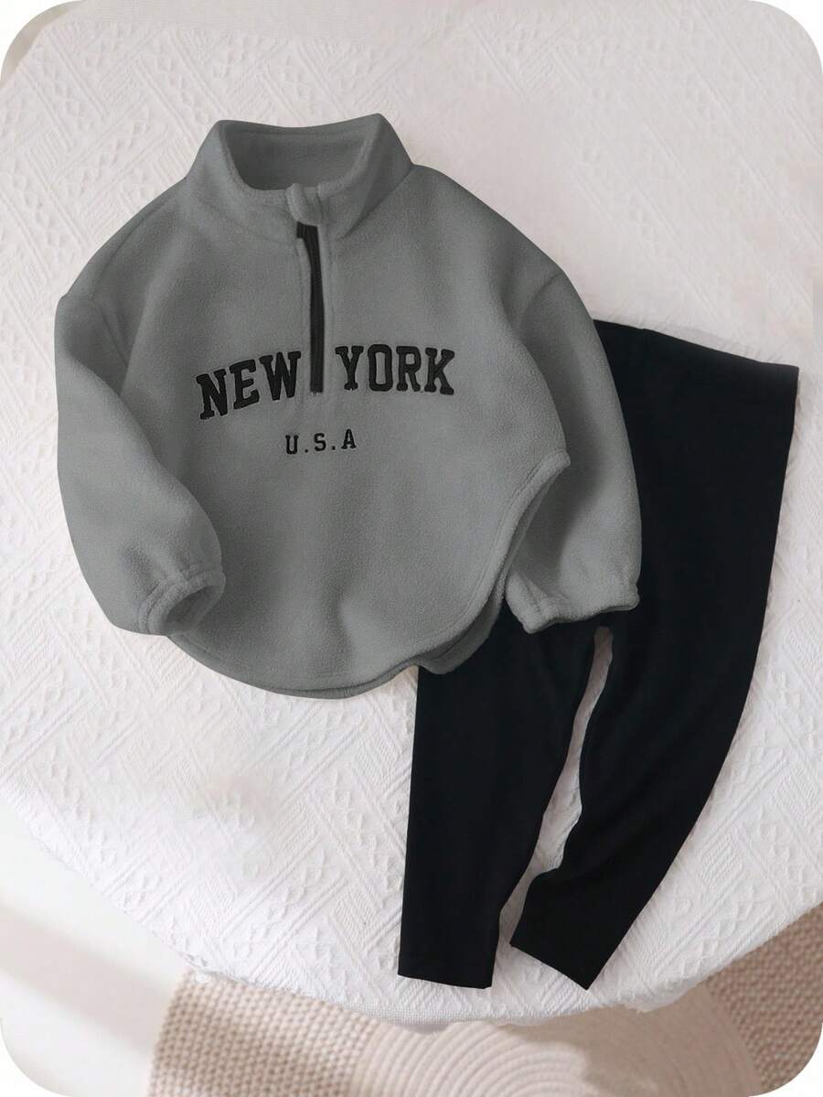 SHEIN 少女可爱字母印花立领蓬松上衣&松紧腰长裤套装 - 灰色 - 查看 1