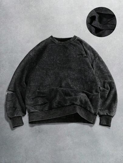 PAVTROS 男士休闲破洞套头衫，黑色 Y2k Grunge 破洞圆领运动衫，秋季